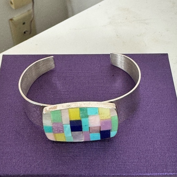 Colorful Mosaic Gemstone wrapped in Sterling Silver Cuff Bracelet - Picture 5 of 5